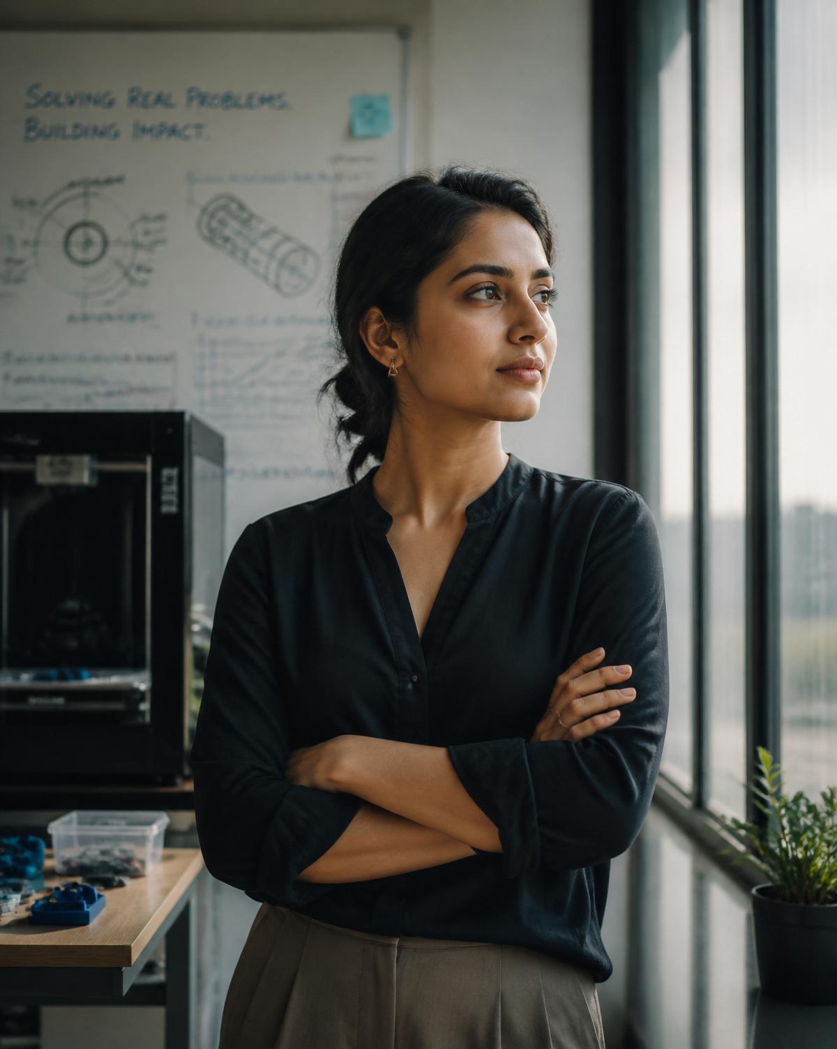 An Indian innovator standing beside a whiteboard of product diagrams